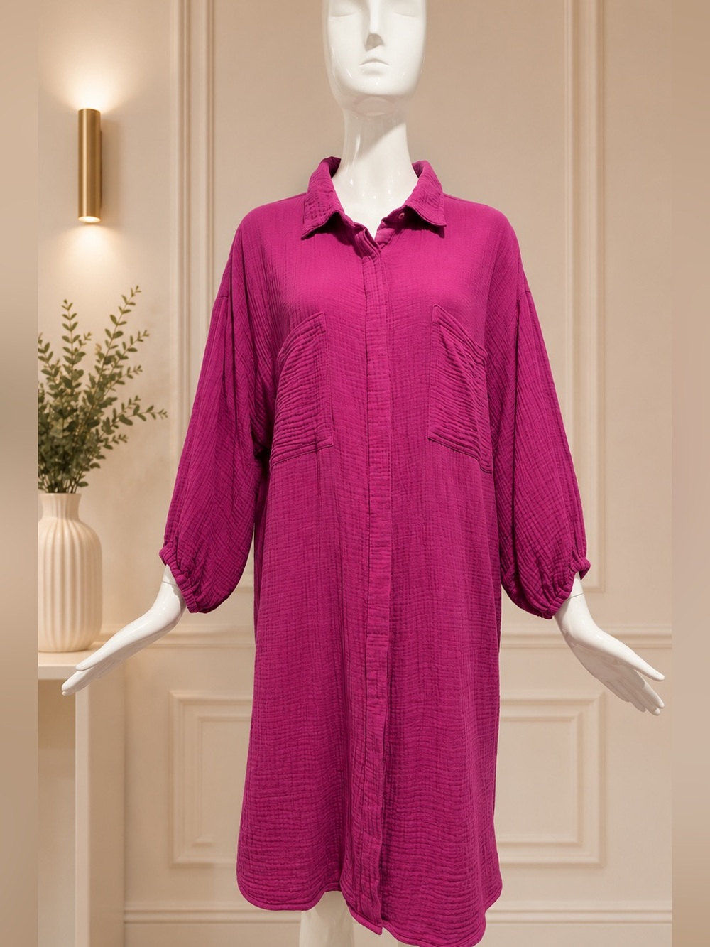 YFB Cotton Gauze Shirt Dress | Fuchsia Pink | Size Large